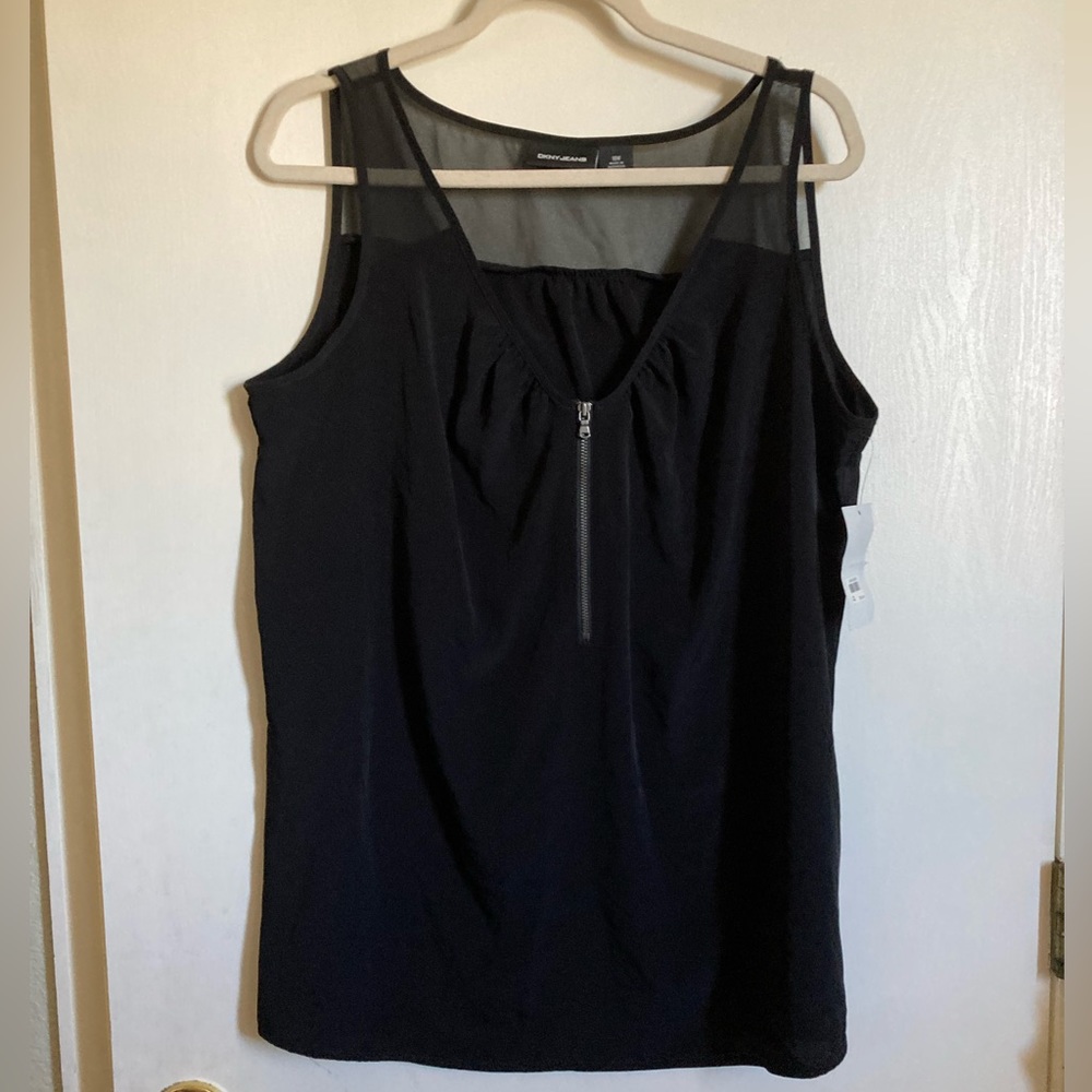*DKNY Jeans New Black Sheer Mesh Yoke Zipper Front Sleeveless Tank Top#Gy